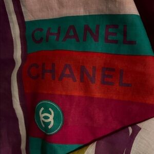 CHANEL LARGE COTTON , Aubergine Teal & Red Graphic Scarf 52” x 52”